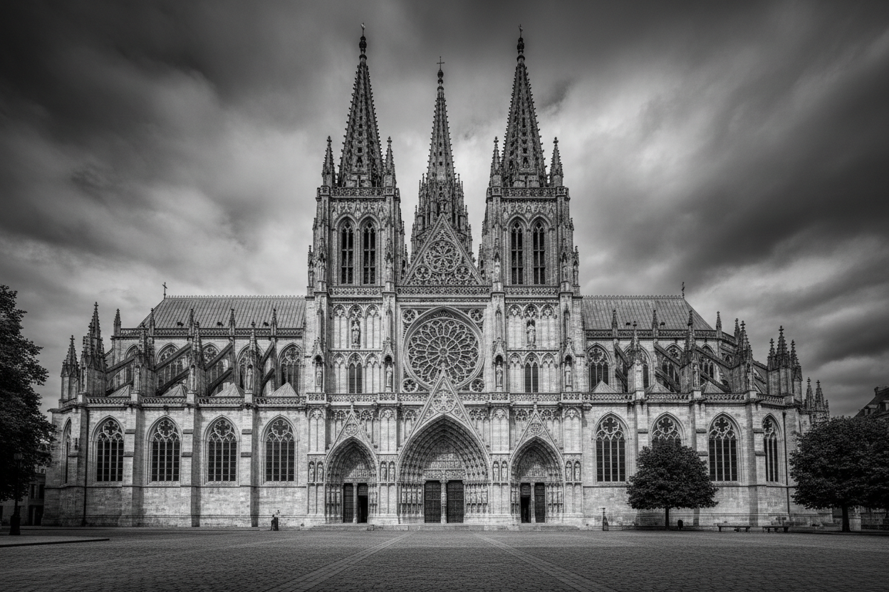 Schwarz weiß bild von kirchenartige gebäude. Bild geht in die breite